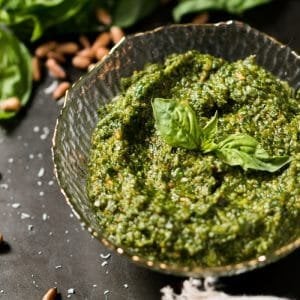Keto pesto in a glass bowl