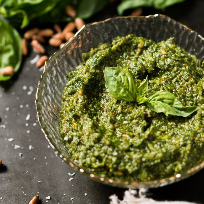Keto pesto in a glass bowl