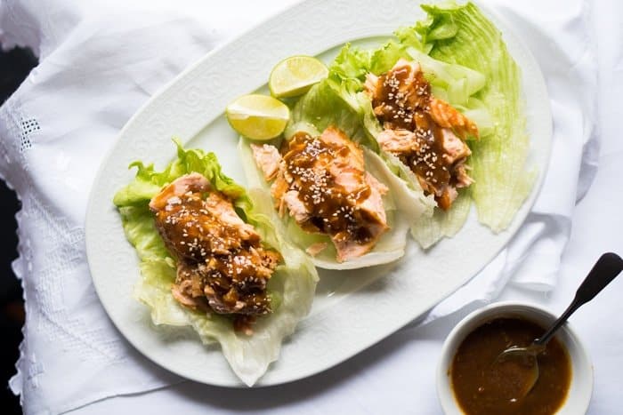 Gluten Free, Paleo & Keto Teriyaki Salmon Lettuce Wraps 🐟 #keto #ketodiet #lowcarb #paleo #glutenfree #salmon #dairyfree #healthyrecipes