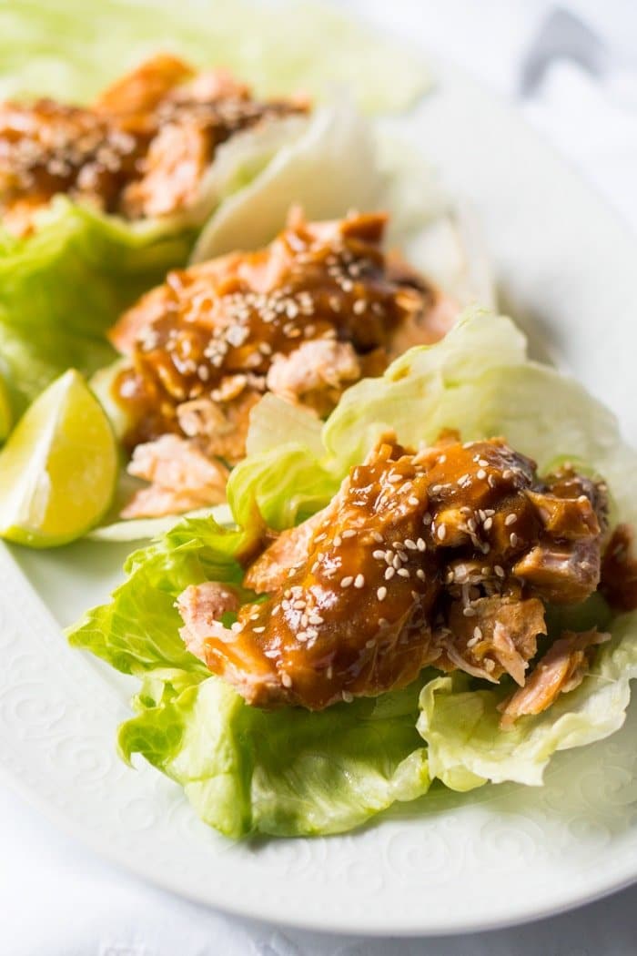 Gluten Free, Paleo & Keto Teriyaki Salmon Lettuce Wraps 🐟 #keto #ketodiet #lowcarb #paleo #glutenfree #salmon #dairyfree #healthyrecipes