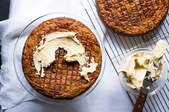 Spreading Buttercream Frosting On Gluten Free, Paleo & Low Carb Carrot Cake