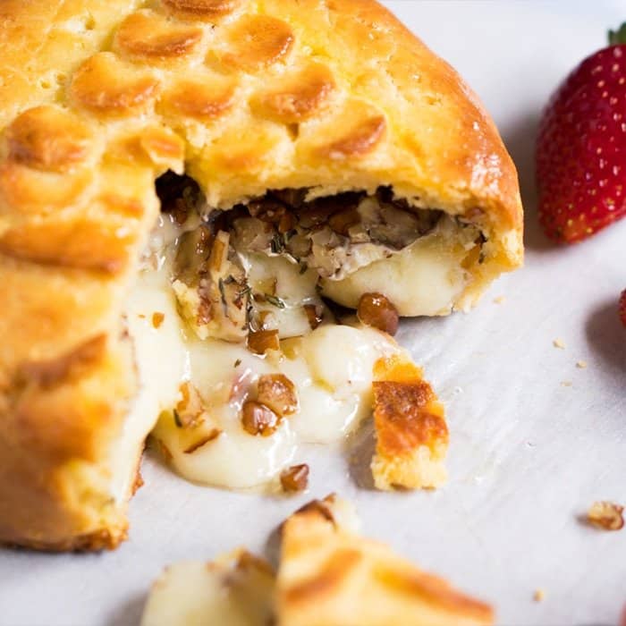Freshly baked keto baked brie with a grain free pie crust