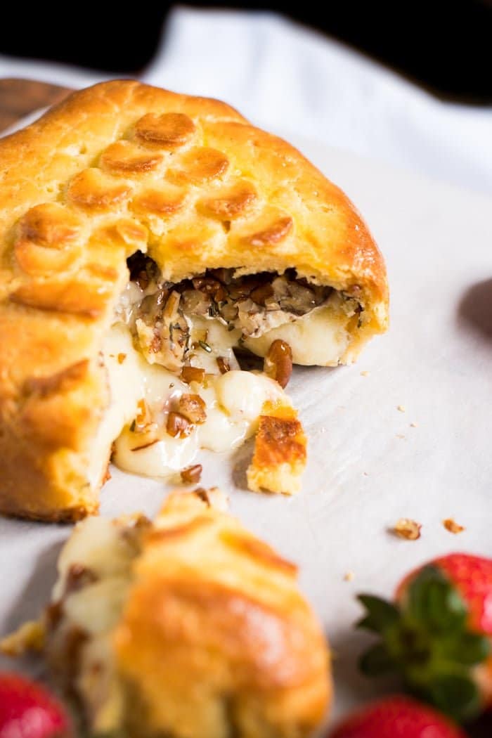 Freshly baked keto baked brie with a grain free pie crust