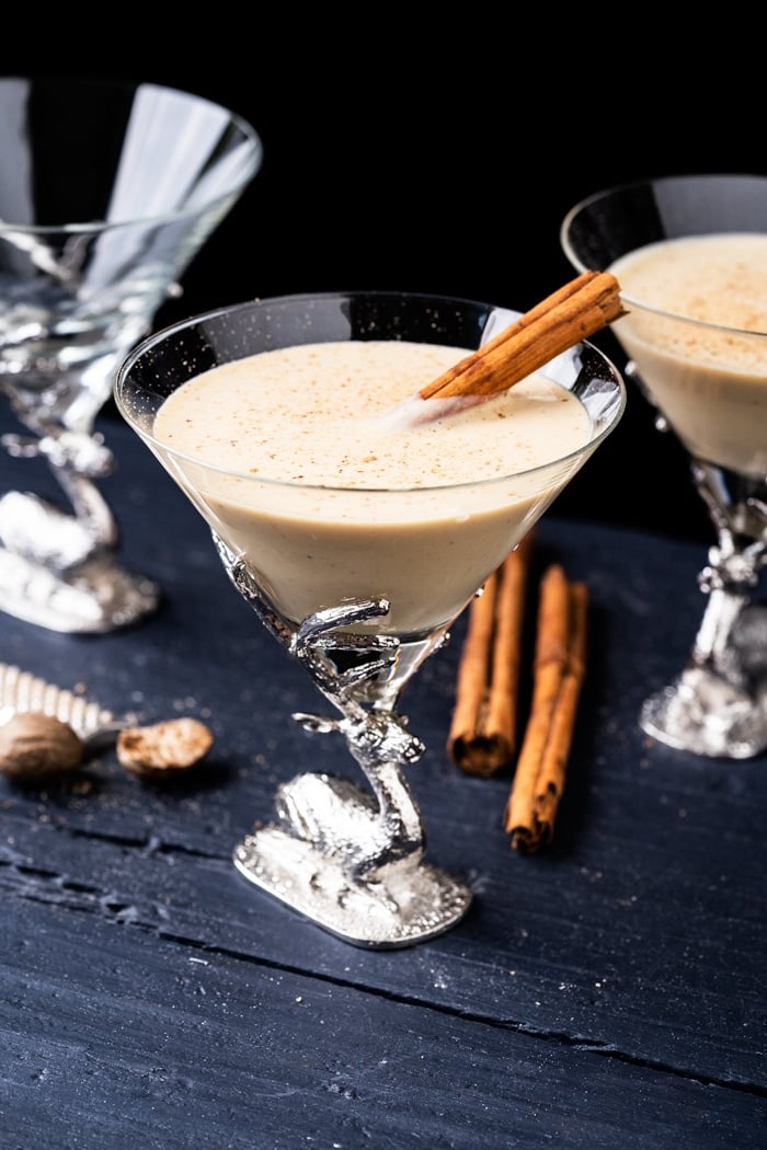 Homemade paleo and keto eggnog in Christmas glasses