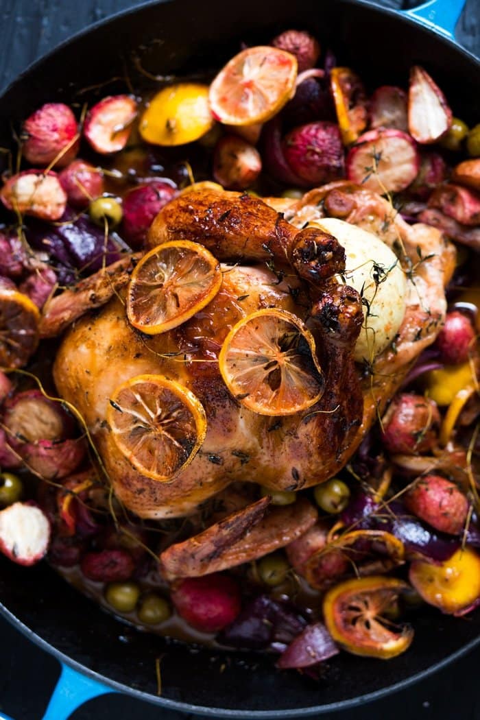 Keto roast chicken over a bed of radishes