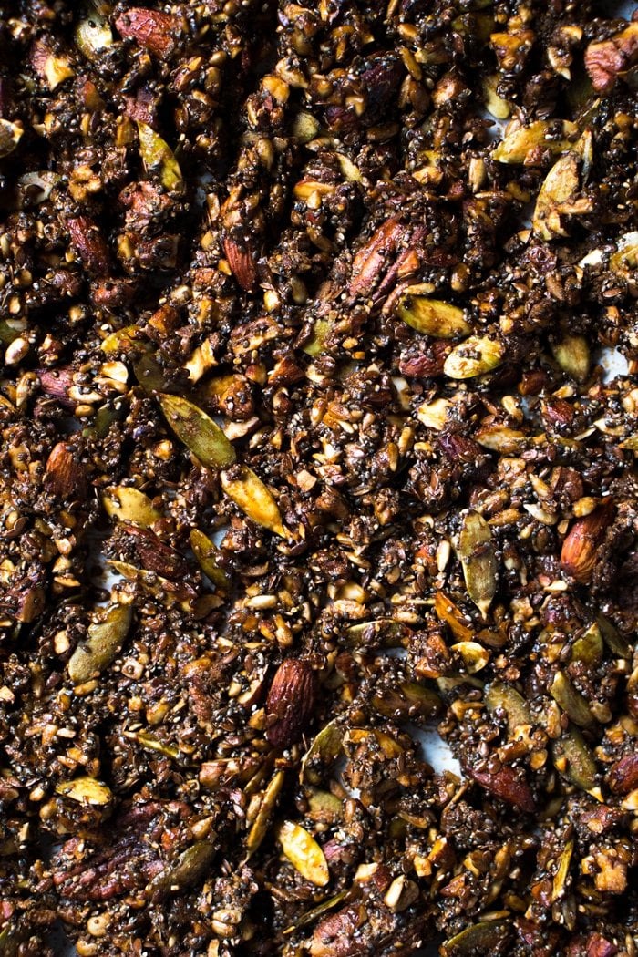 Freshly baked Keto granola on a baking tray
