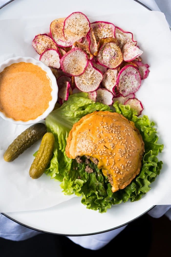 Overhead shot keto cheeseburger on a plate