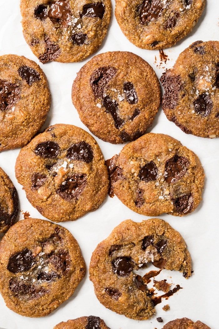 A white tray with keto chocolate chip cookies