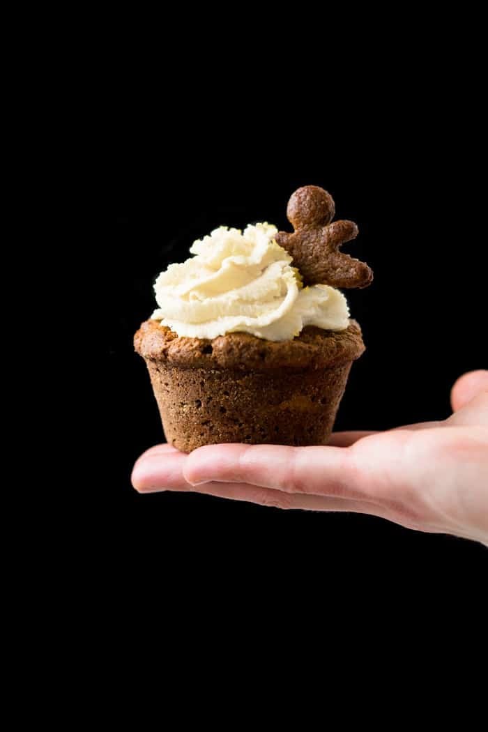 A gluten free & keto gingerbread cupcake with lemon buttercream frosting