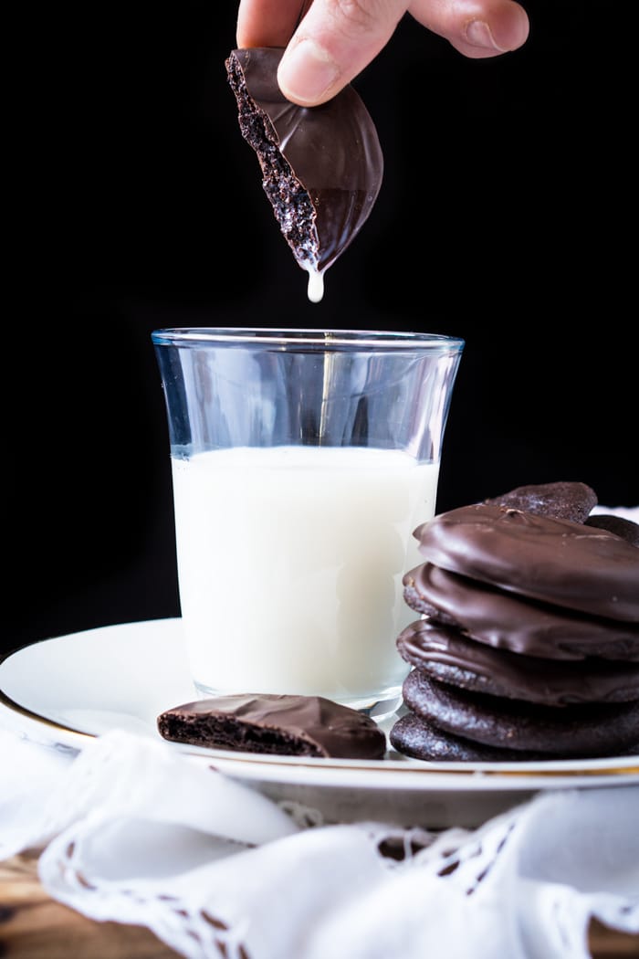 Dunking keto thin mints in milk