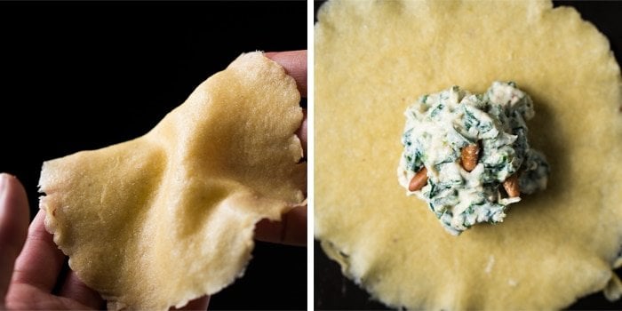 Placing the spinach and ricotta filling over the keto ravioli dough