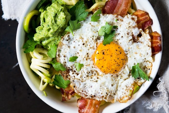 Paleo, Whole30 & Keto Breakfast Zoodles 🥓🍳🥑 with creamy avocado sauce! #ketobreakfast #whole30