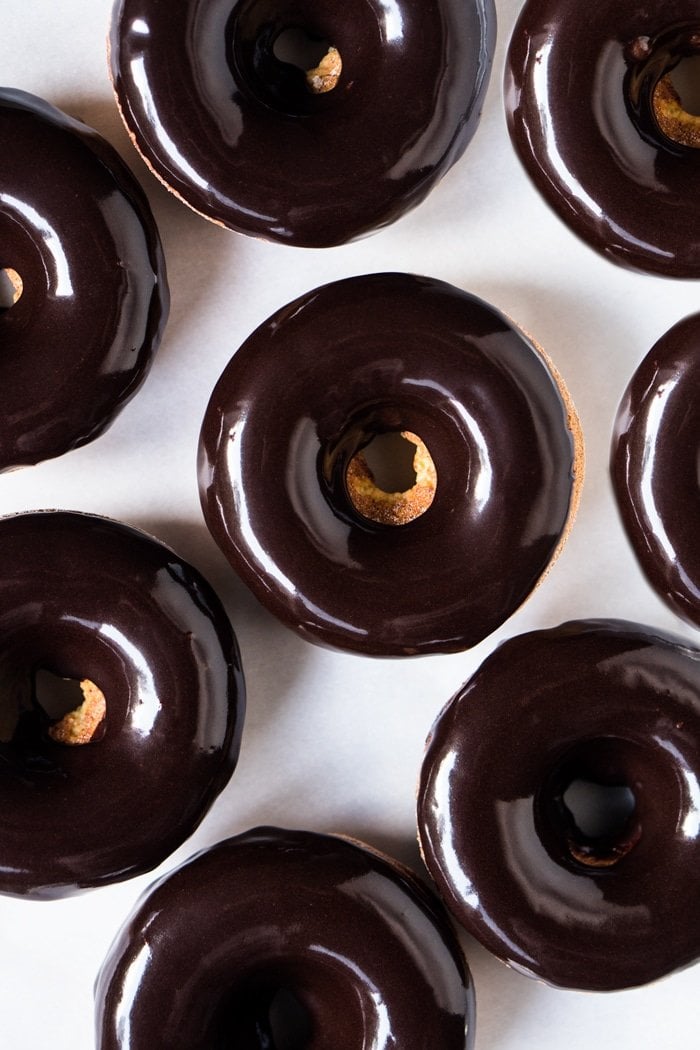 Overhead shot of freshly glazed keto donuts