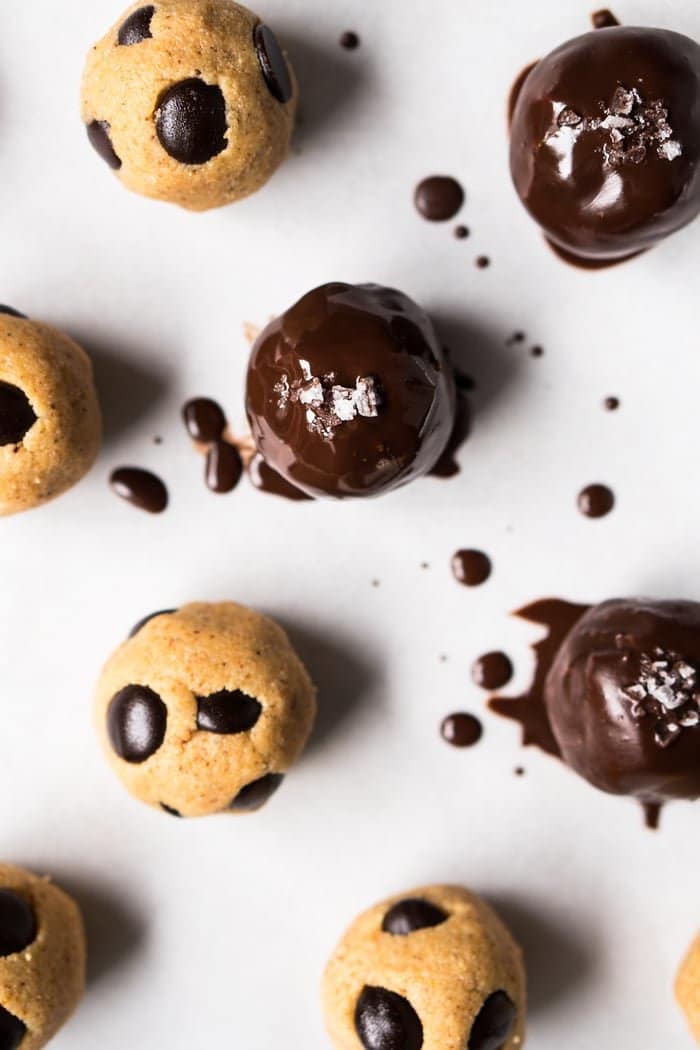 Keto cookie dough with chocolate chips and flaky sea salt