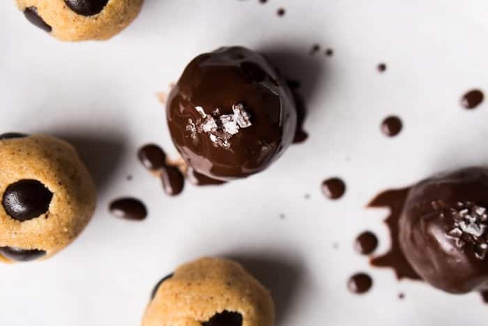 Keto cookie dough dipped in chocolate with flaky sea salt