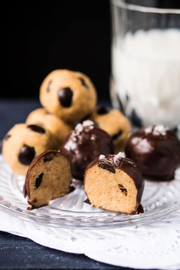 A halved keto cookie dough fat bomb