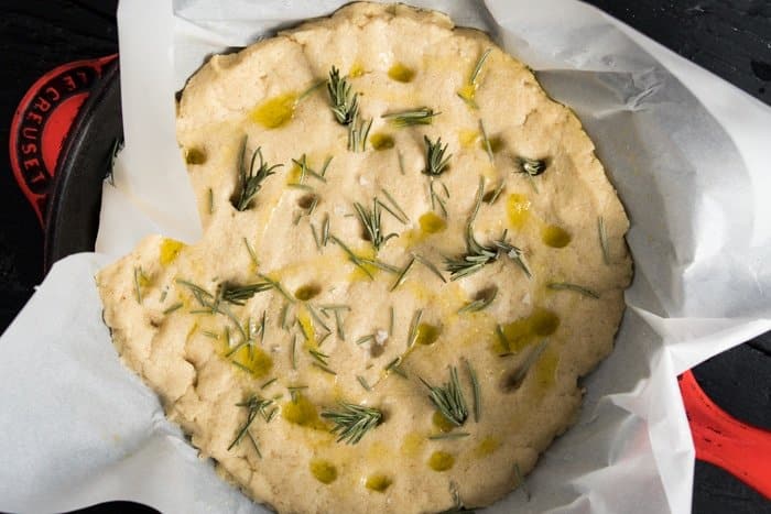 Keto focaccia dough before rise in a skillet