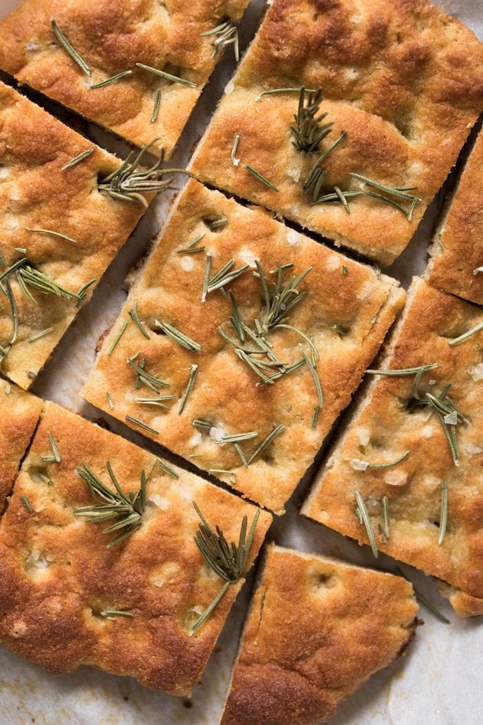 Sliced Keto focaccia bread with rosemary and flaky sea salt