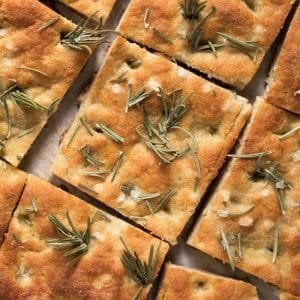 Sliced Keto focaccia bread with rosemary and flaky sea salt