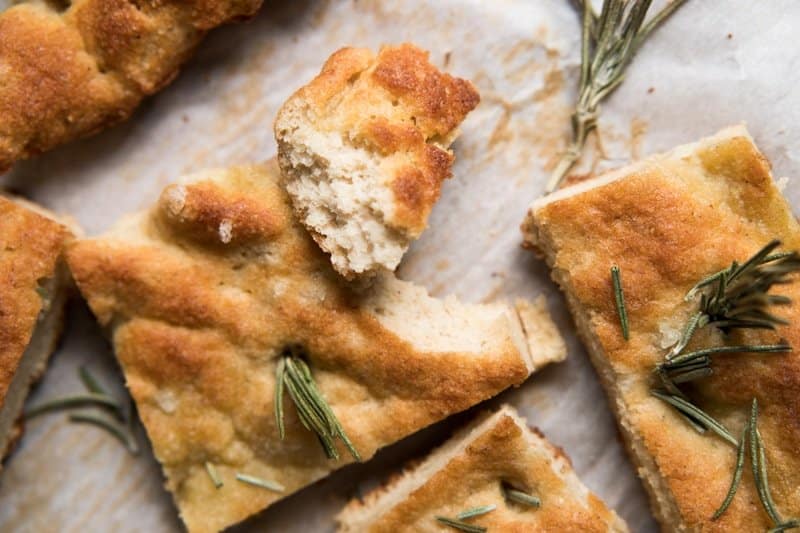 Slice of a keto focaccia showing its bread like texture