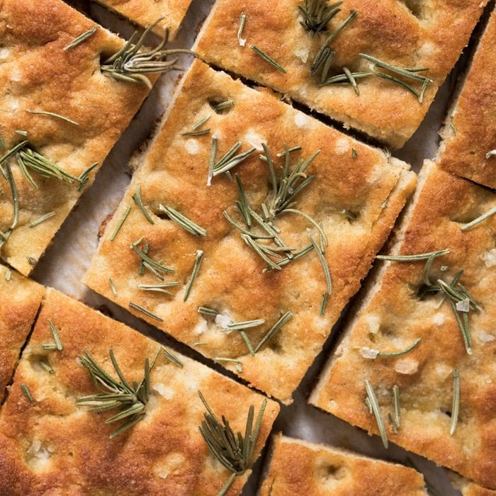 Sliced Keto focaccia bread with rosemary and flaky sea salt