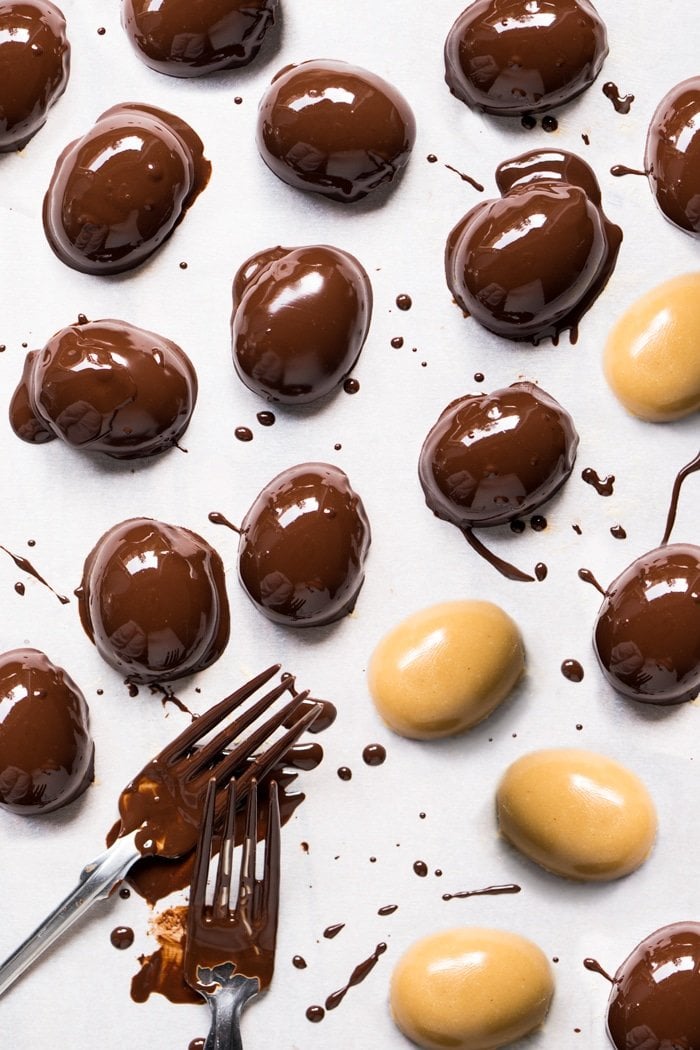 Freshly dipped keto chocolate peanut butter easter eggs
