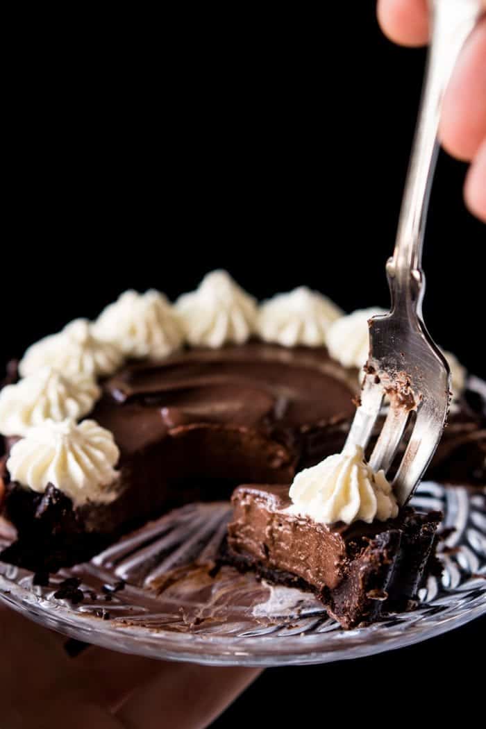 Eating a keto chocolate French silk pie with a fork