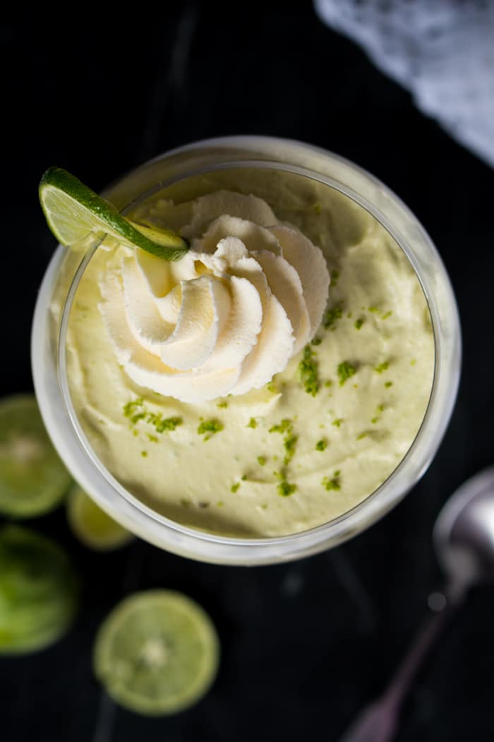 Overhead shot keto key lime cheesecake with whipped cream