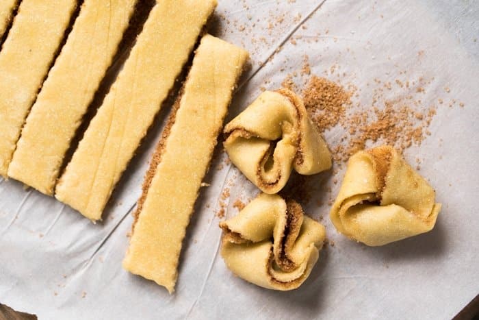 Cutting and shaping the keto cinnamon roll knots