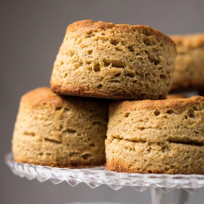 Staked gluten free & keto biscuits showing layers of flakiness