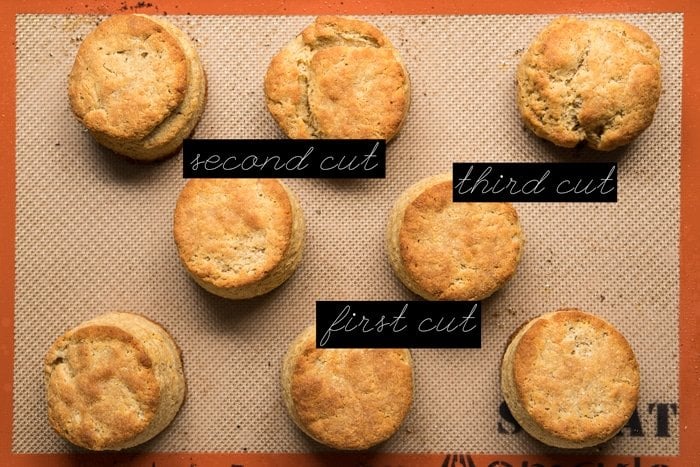 Showing keto biscuits after the 1st, 2nd and 3rd cut