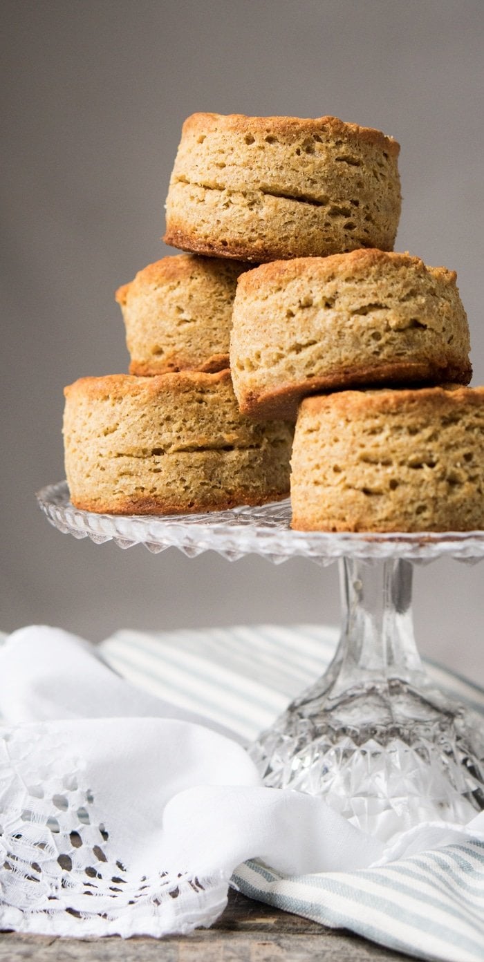 Staked gluten free & keto biscuits showing layers of flakiness