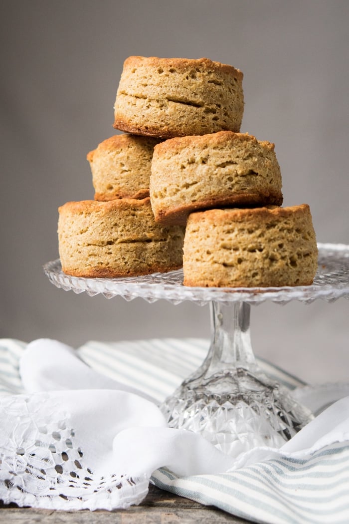 Staked gluten free & keto biscuits showing layers of flakiness