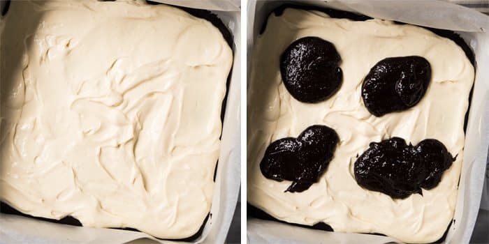Layering the cheesecake and brownie batters to create the swirls