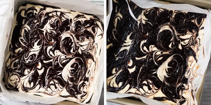 The keto cheesecake brownie swirls pre and post bake