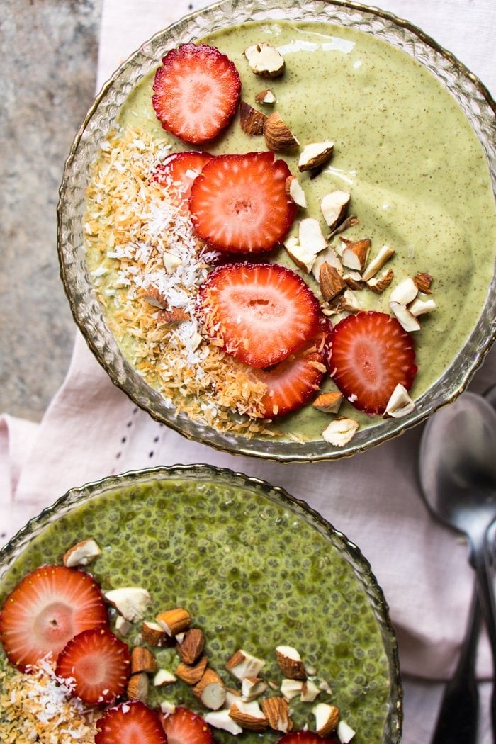 Overnight keto chia pudding with matcha and fresh berries