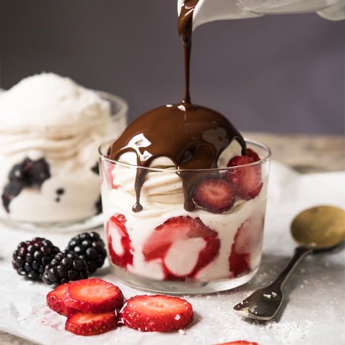 Keto frozen yogurt with a chocolate magic shell