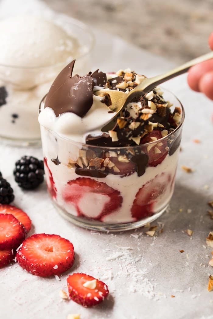 Eating keto frozen yogurt with a spoon