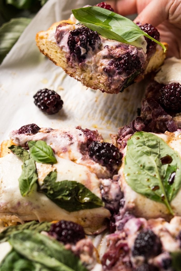 Gluten Free, Low Carb & Keto Three Cheese Blackberry Focaccia #keto #glutenfree #lowcarb #healthyrecipes #focaccia #pizza