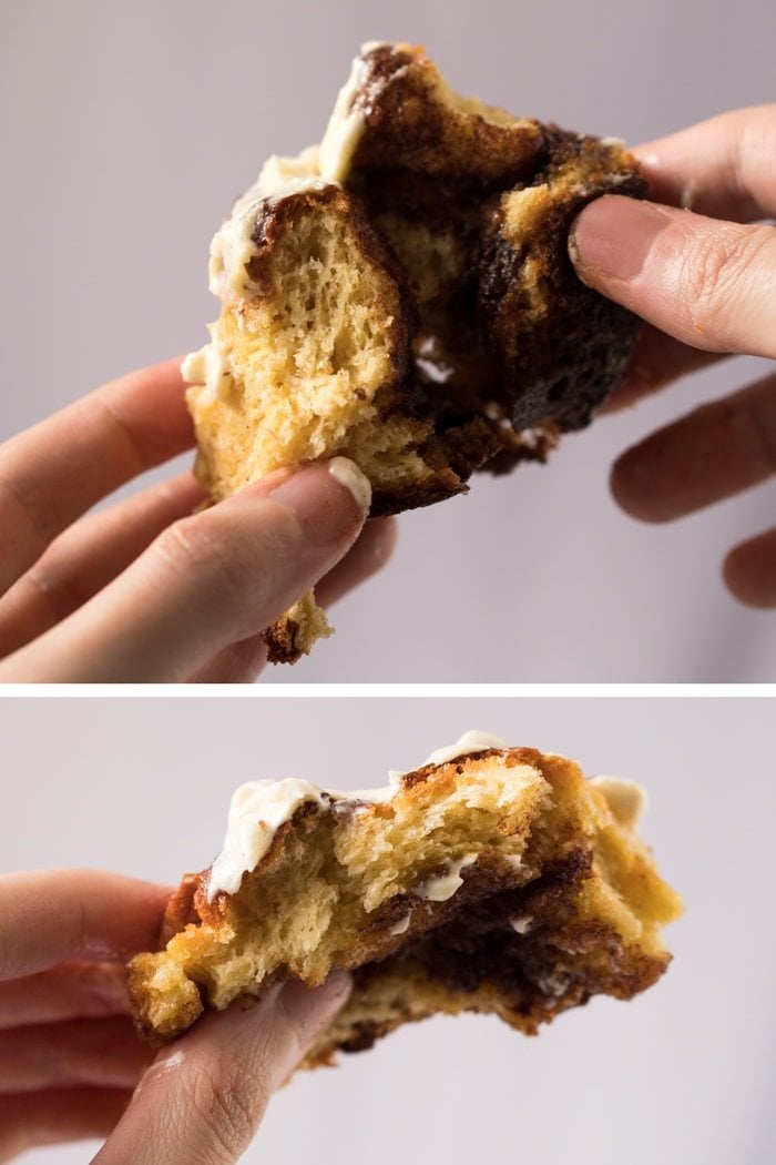 Showing the fluffy and bread-like texture of the keto cinnamon rolls