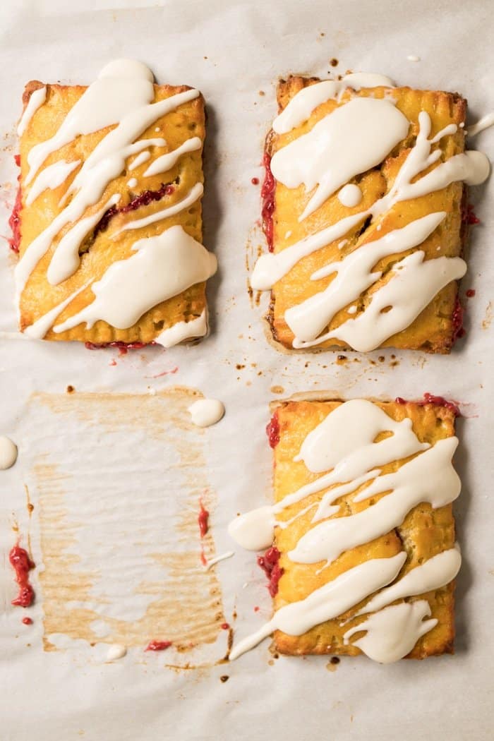 Overhead shot three keto pop tarts with glaze