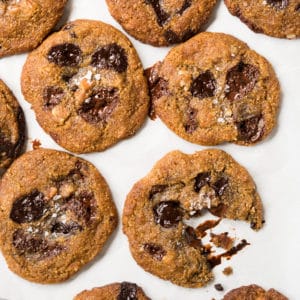 Freshly baked keto chocolate chip cookies with flaky sea salt