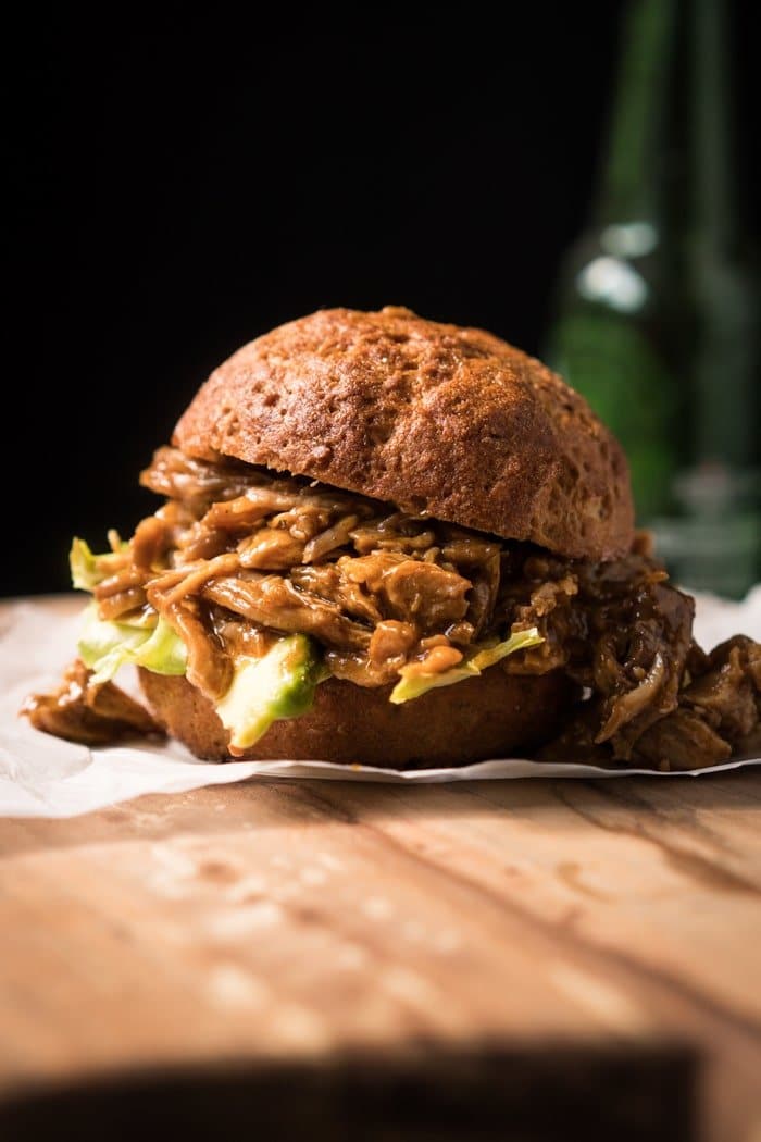 Keto BBQ Pulled Pork with coleslaw in a burger bun