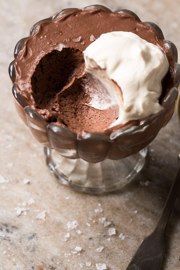 Closeup keto chocolate mousse showing fluffy texture