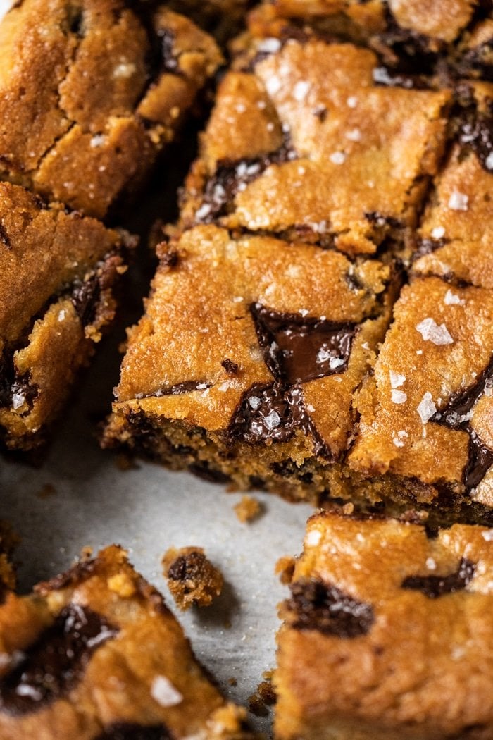 Gluten free and keto peanut butter blondie bites with chocolate chunks and chips