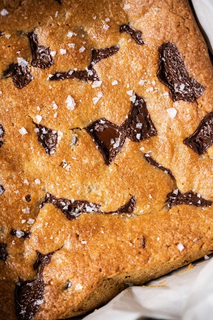 Closeup of freshly baked gluten free & keto peanut butter blondies