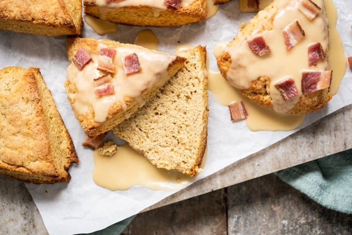Freshly sliced gluten free and keto maple bacon scone