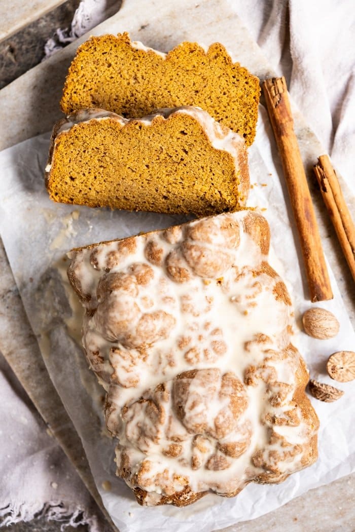 Freshly sliced keto pumpkin bread