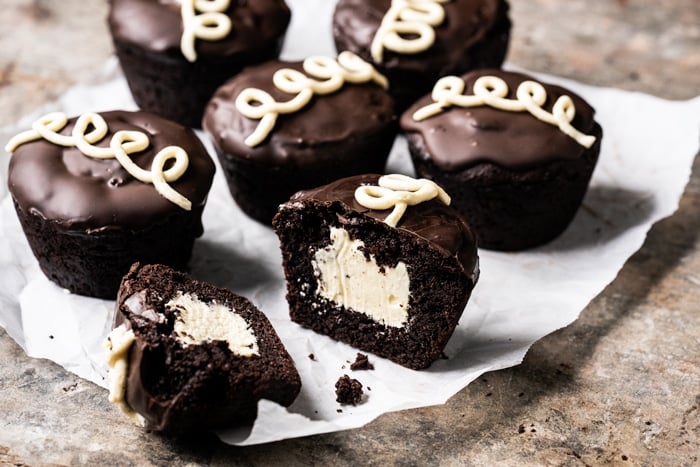 Keto hostess cupcakes with vanilla buttercream filling
