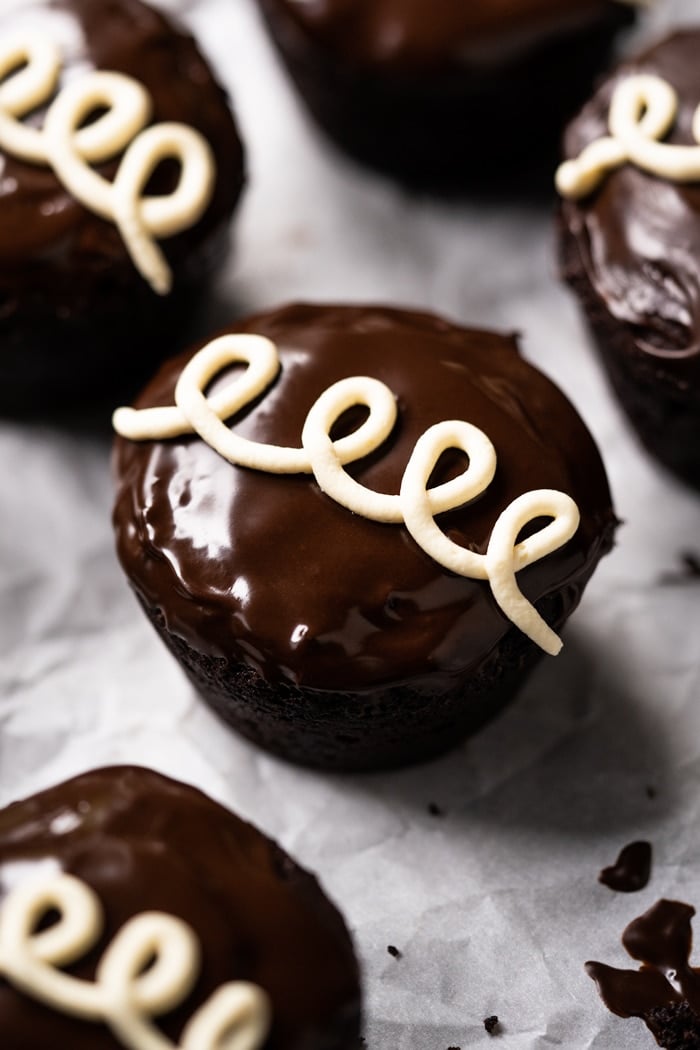 Closeup gluten free & keto hostess chocolate cupcakes